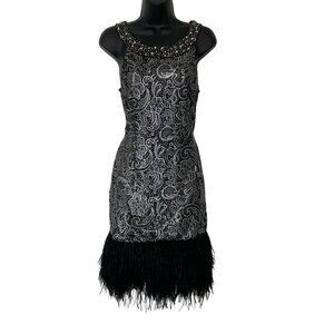Lipsy womens dress size 8 cut out back silver/black ostrich feather hem